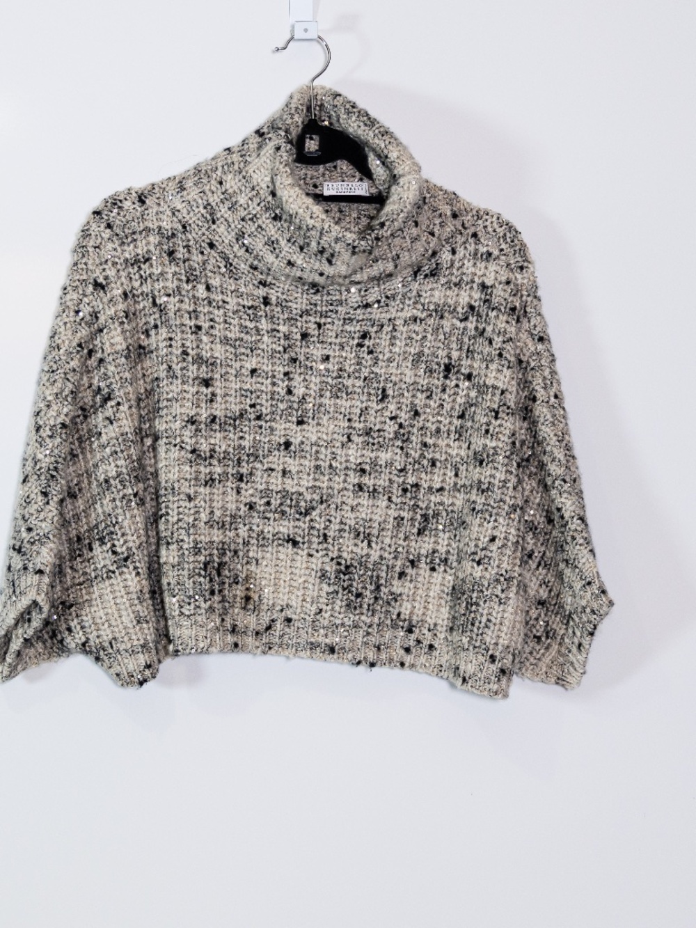 Brunello Cucinelli Cashmere Silk Sequin Knit Turtleneck Boxy Sweater Marled Gray